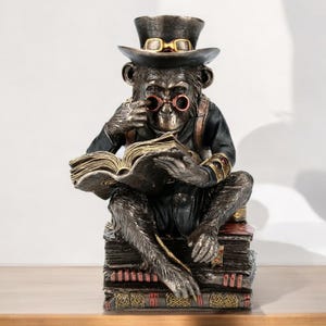 Steampunk Monkey Scholar Statue – Decorative Figurine for Book Lovers and Collectors