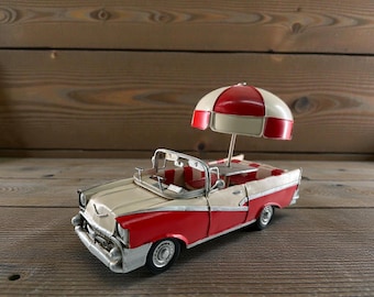 Vintage Metal Car Model, Retro Red and White Classic Convertible Decor, Nostalgic Collectible Vehicle