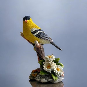 Hand-Painted Yellow Finch Figurine: Nature-Inspired Resin Bird Statue