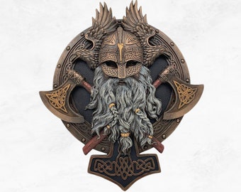 Viking Wall Plaque - Bronze & Hand Painted Colorful Decor, Norse Mythology Art, Medieval Home Decor