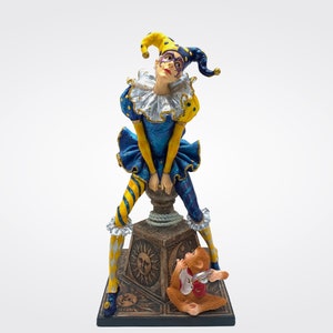 Female Jester Figurine with Monkey: Hand-Painted Resin Statue