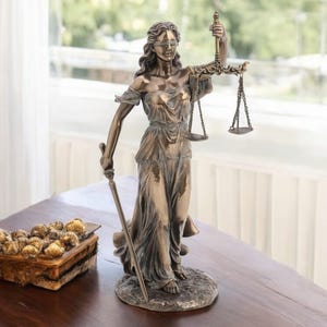 Justice Statue with Sword & Scales: Bronzed Law Office Decor