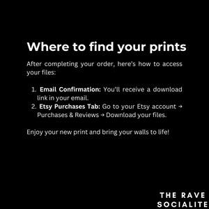 May include: Black and white text on a black background with instructions on how to find your digital prints after purchasing them on Etsy. The text includes the words "Where to find your prints", "Email Confirmation", "Etsy Purchases Tab", "Download your files", and "The Rave Socialite".