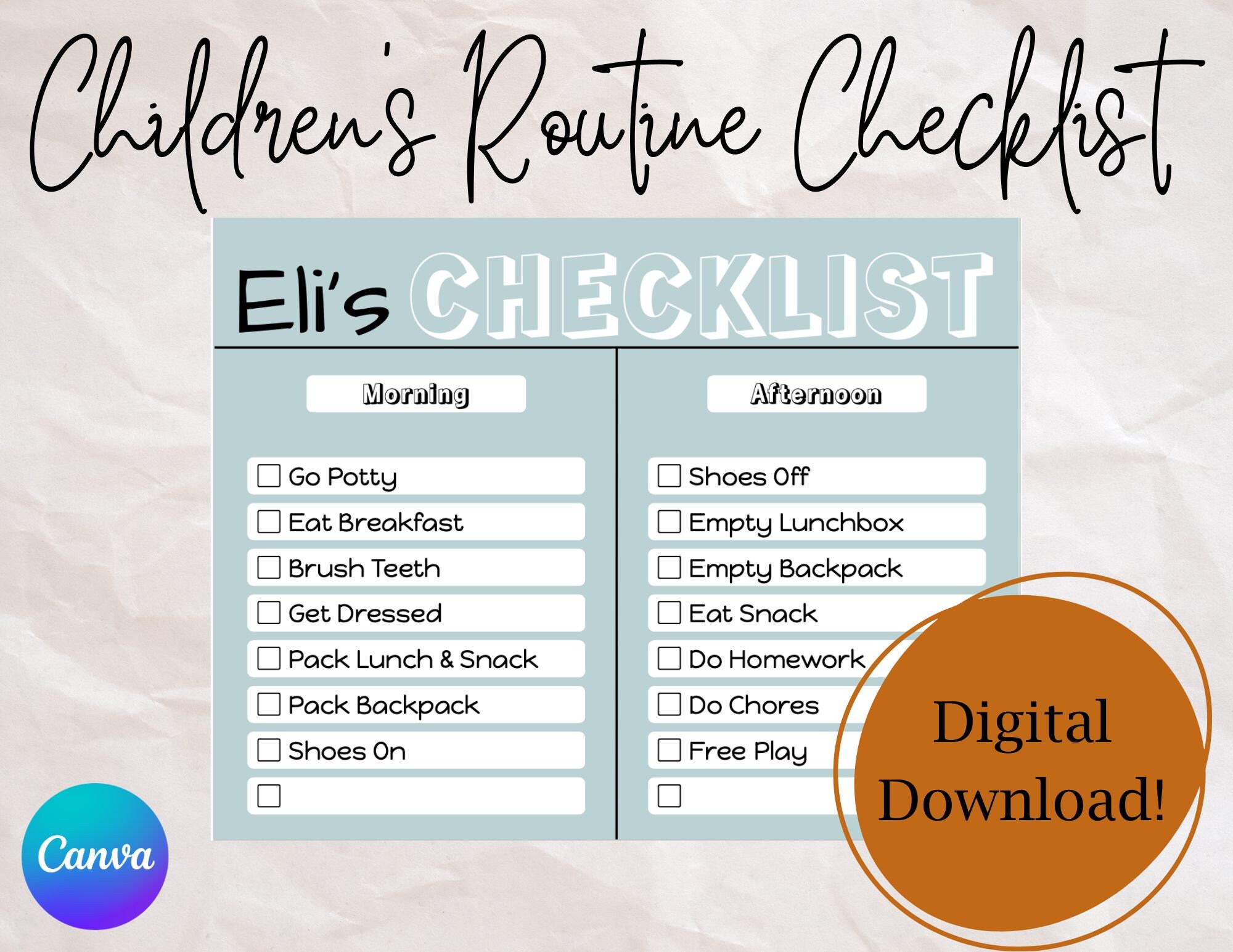Children's Routine Checklist Editable PDF, Digital Download Routine ...