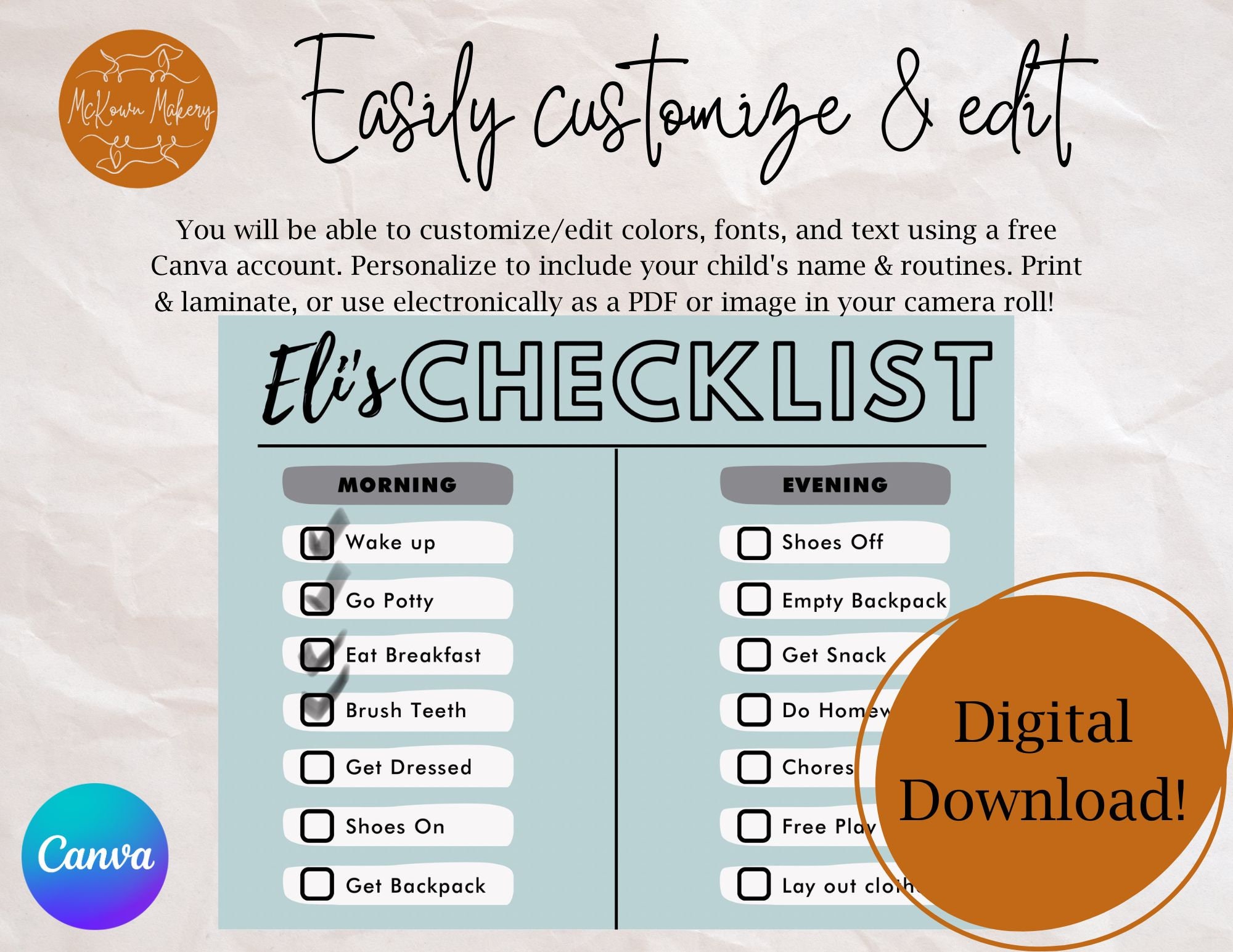Children's Routine Checklist Editable PDF, Digital Download Routine ...