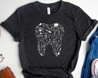Dentist T-Shirt | Dental Tools Tooth Graphic Tee | Gift for Dentist Dental Assistant Hygienist