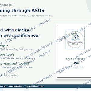 May include: A digital planning toolkit titled Leading through ASOS for Northern Ireland school leaders. The document features 30 pages, 23 core tools including checklists and templates, and is organized to help prepare, communicate, review, and recover.