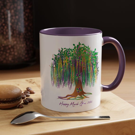 Mardi Gras 2026 Mug, Mardi Gras Tree Mug, Watercolor Mardi Gras Bead Tree, Mardi Gras Carnival Mug, Saints Mug, Ceramic Mug 11oz 15oz