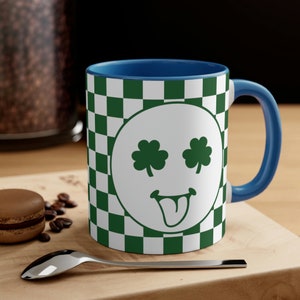 St. Patrick&#39;s Day Mug, Smiley Face Shamrock Mug, Miami Student Mug, Checkered Pattern Mug, Gift for Her, Accent Coffee Mug, 11oz