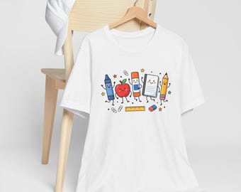 Back To School T-Shirt, Cute School Supplies Shirt, Teacher Shirt, Crayon Apple Pencil Notebook Graphic Tee
