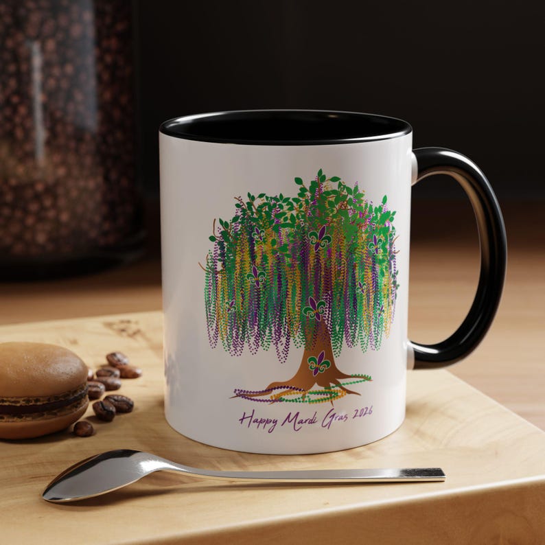 Mardi Gras 2026 Mug, Mardi Gras Tree Mug, Watercolor Mardi Gras Bead Tree, Mardi Gras Carnival Mug, Saints Mug, Ceramic Mug 11oz 15oz afbeelding 8