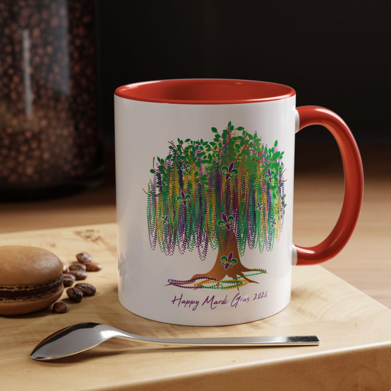 Mardi Gras 2026 Mug, Mardi Gras Tree Mug, Watercolor Mardi Gras Bead Tree, Mardi Gras Carnival Mug, Saints Mug, Ceramic Mug 11oz 15oz afbeelding 2