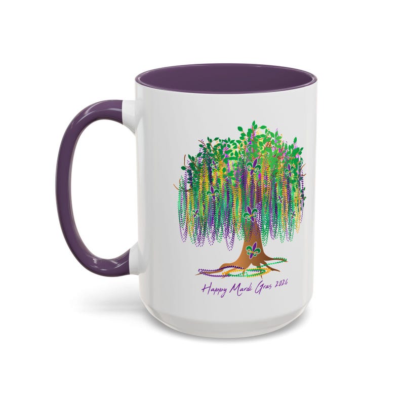 Mardi Gras 2026 Mug, Mardi Gras Tree Mug, Watercolor Mardi Gras Bead Tree, Mardi Gras Carnival Mug, Saints Mug, Ceramic Mug 11oz 15oz afbeelding 9
