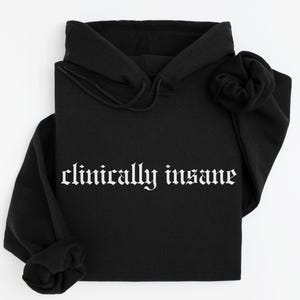 May include: Black hooded sweatshirt with the text "clinically insane" printed in white gothic font.