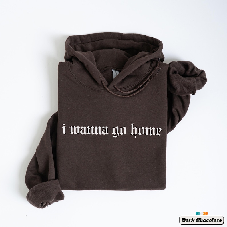 May include: A dark chocolate brown hoodie with a white print that says "i wanna go home" in a gothic font.