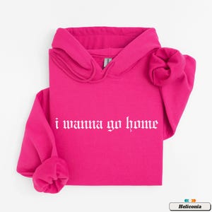 May include: A bright pink hoodie with the phrase "i wanna go home" in white gothic lettering.