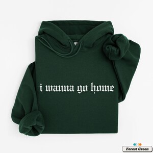 May include: A forest green hooded sweatshirt with the text "i wanna go home" in white gothic lettering.
