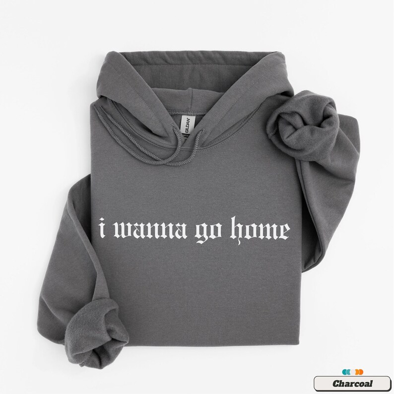 May include: A charcoal gray hoodie with a white print that says "i wanna go home" in a gothic font.