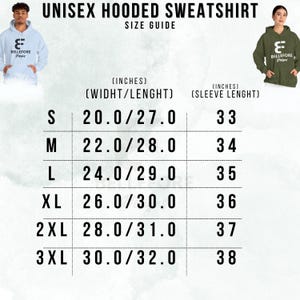 May include: Size chart for a unisex hooded sweatshirt. The chart shows the width and length of the sweatshirt in inches, as well as the sleeve length in inches. The sizes range from S to 3XL.