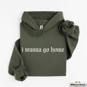 May include: A green hooded sweatshirt with the text "i wanna go home" in white gothic lettering.