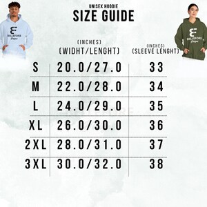 May include: Unisex hoodie size chart with measurements in inches. The chart shows the width and length of the hoodie, as well as the sleeve length, for sizes S through 3XL.