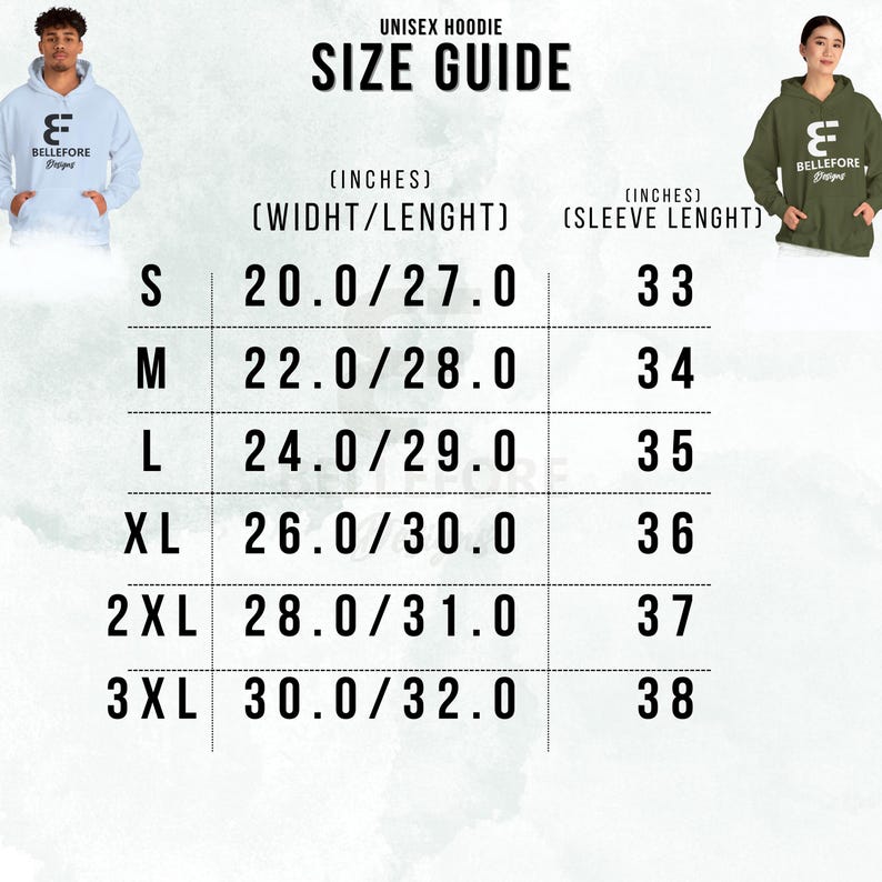 May include: Unisex hoodie size chart with measurements in inches. The chart shows the width and length of the hoodie, as well as the sleeve length, for sizes S through 3XL.