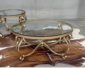 Vintage Gold Wrought Iron Glass Top Coffee and end Tables Set -  Hollywood Regency 3-Piece