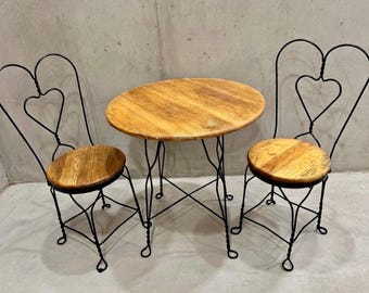 Antique Vintage Wrought Iron Ice Cream Parlor Bistro Set | Heart Back Chairs & 28” Round Wooden Table | Cafe Kitchen Decor 3pc