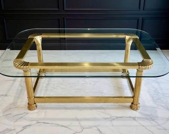 Vintage Italian  Solid Brass & rectangular Glass Coffee Table | MCM Hollywood Regency |  Ornate Frame |