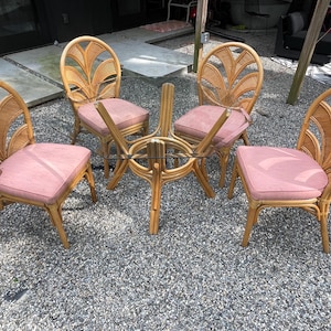 Vintage 1970s Rattan Split Reed Dining Set - Palm Frond Fan Back Chairs, Glass Top Table  Gabriella Crespi Inspired Boho Tropical