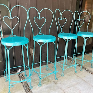 Vintage 4-Piece Wrought Iron Ice Cream Parlor Stool Set - 46” Tall, Retro Diner Style