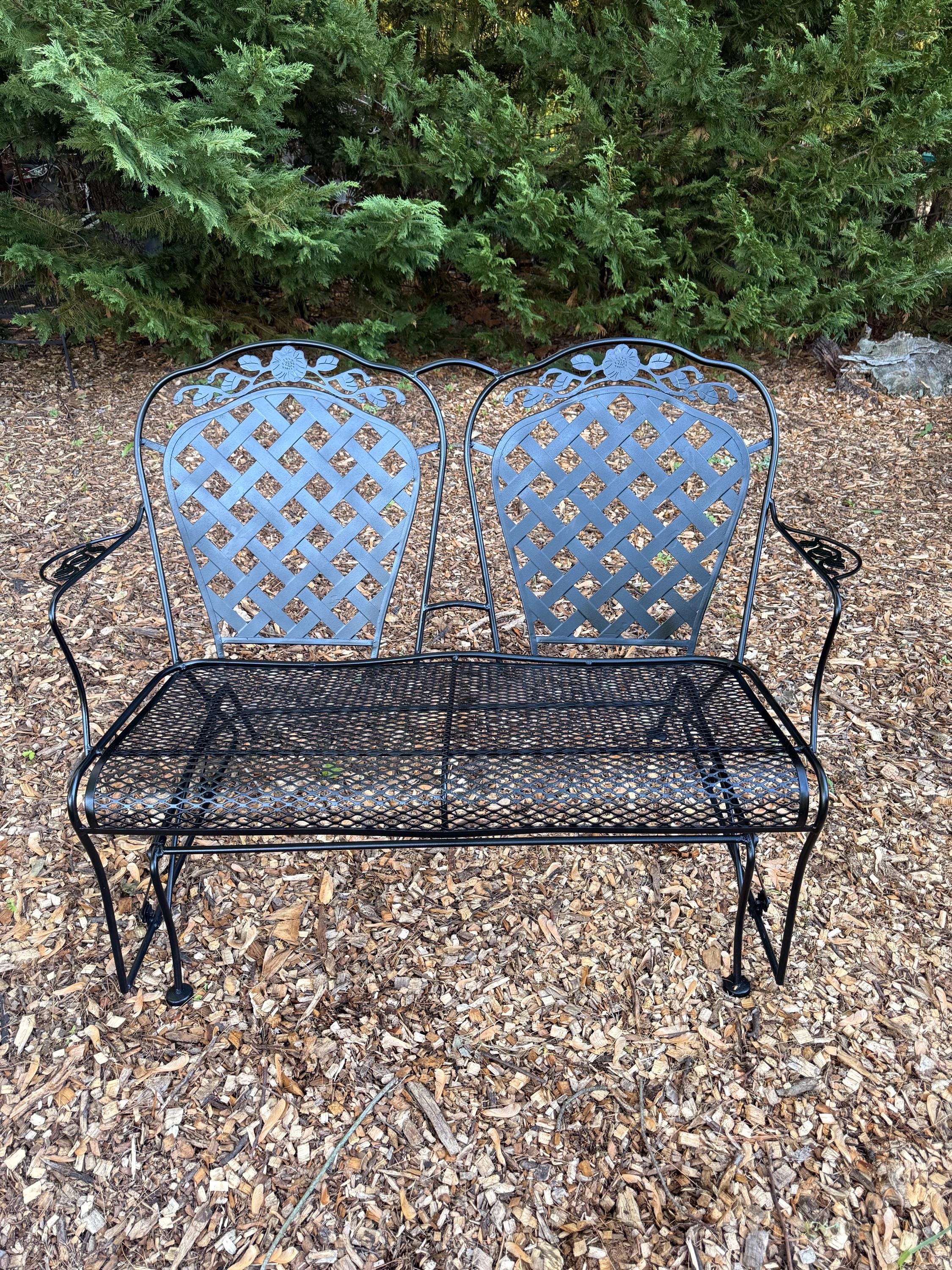 2 seat patio umbrella chair wrought iron Vintage MCM Woodard Style Wrought Iron Patio Glider Rocker / Black Loveseat  / Chantilly Rose Design
