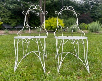 Pair of Vintage Wrought Iron Bistro Chairs /MCM White Ice Cream Patio Seating/ DIY planters Project