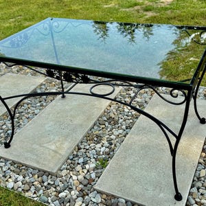 Vintage Woodard Wrought Iron Patio Table: Floral Design, Glass Top