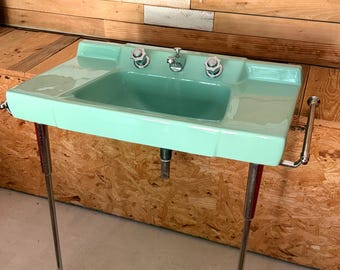Vintage American Standard Jadeite Ming Green Wall Sink | Mid Century Modern | Chrome Legs, Towel Bars, Complete | Retro Bathroom 32”x17.5”