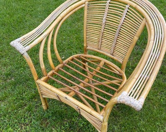 Sillón vintage de mimbre, ratán y bambú estilo bohemio Franco Albini de MCM, 84 cm de alto x 76 cm de ancho
