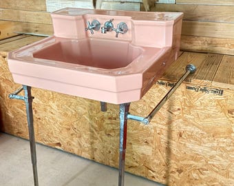 Vintage American Standard Pink Wall Sink | Mid Century Modern | Original Chrome Legs, Towel Bars, Complete | Retro Bathroom 24”x20”