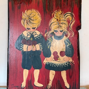 Vintage 1960s Jan McPherson Original Folk Art Painting on Woodplank/ Boy & Girl with Flowers and Apples - Signed Rustic Decor 31x23