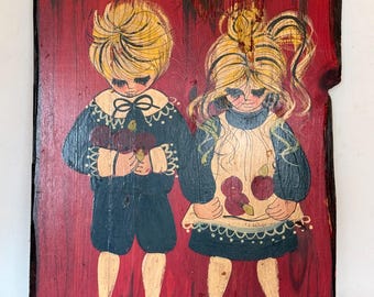 Vintage 1960s Jan McPherson Original Folk Art Painting on Woodplank/ Boy & Girl with Flowers and Apples - Signed Rustic Decor 31x23