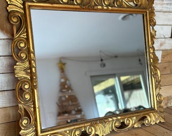 Antique 1800s Italian Baroque Style Hand Carved Gold Leaf Gilded Wall Mirror - 38” x 32”