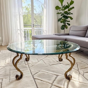 Vintage Gilt Iron Round Coffee Table in the Manner of Maison Ramsay ~ 1975 French Neoclassical Glass Top 42”