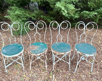 Set of 4 Vintage Chippy White & Green Metal Ice Cream Parlor Chairs – 34” Tall Shabby Chic Distressed Wrought Iron Bistro Garden Patio