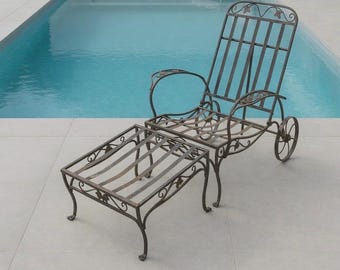 Vintage Salterini Mt. Vernon Wrought Iron Wheel Chair Chaise Lounge + Ottoman Mid Century Patio Furniture 2pc set