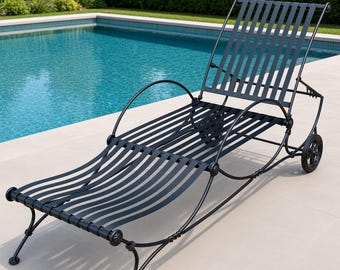Vintage Wrought Iron Adjustable Chaise Lounge Chair  | Woodard - Salterini Style | Ornate Scrollwork | Outdoor patio MCM furniture