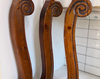 Set of 3 Vintage Hand-Carved Ornate Scroll Wooden Table Legs or Corbels – 24” Tall – DIY Furniture Restoration