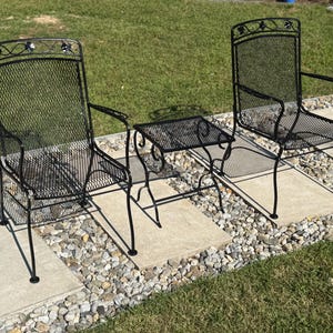 Vintage Wrought Iron Patio Set: Rose Design Arm Chairs and Table