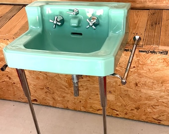 Vintage American Standard Pale Jadeite Ming Wall Sink | Mid Century Modern | Chrome Legs, Towel Bars, Complete | Retro Bathroom 22”x18”