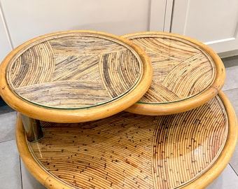 Vintage Pencil Reed Bamboo Swivel Coffee Table | 3-Tier Articulating Cocktail Table | Metal Base | Style of Gabriella Crespi / Vivai del Sud