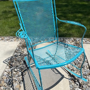 Vintage 1950s Wrought Iron Rocking Chair Woodard Style Patio Garden Bouncer Turquoise Blue