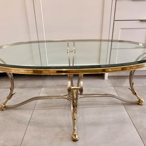Vintage Hollywood Regency Maison Jansen Style LaBarge Brass & Crome Coffee Table / Oval Glass Top